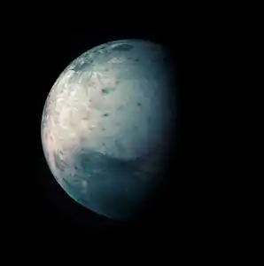 Infrared image of Ganymede taken during the Juno flyby in July 2021. Image Credits: A. Mura -Juno/JIRAM - ASI/INAF/JPL-Caltech/SwRI