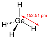 Skeletal chemical structure of a tetrahedral molecule with germanium atom in its center bonded to four hydrogen atoms. The Ge-H distance is 152.51 picometers.