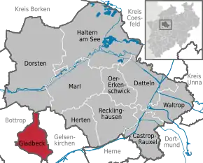 Poziția orașului Gladbeck pe harta districtului Recklinghausen