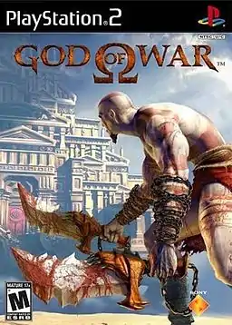 Character Kratos stands in front of a temple with a blade in each hand.