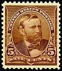 Imagine a lui Grant pe un timbru, emis în 1890, maro, cinci cenți.