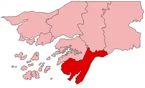 Harta regiunii Tombali în cadrul statului Guineea-Bissau