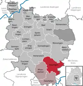 Poziția orașului Hayingen pe harta districtului Reutlingen
