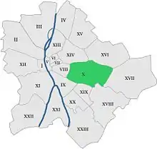Poziția sectorului în Budapesta (cu verde)