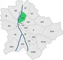 Poziția sectorului în Budapesta (cu verde)
