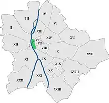 Poziția sectorului în Budapesta (cu verde)