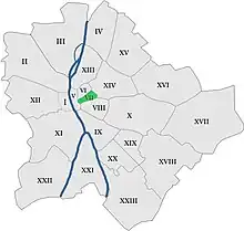 Poziția sectorului în Budapesta (cu verde)