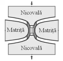 A schematic drawing of a vertical cross section through a press setup. The drawing illustrates how the central unit, held by dies on its sides, is vertically compressed by two anvils