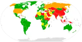Părțile și semnatarii Statutului de la Roma&nbsp;&nbsp;&nbsp;&nbsp;&nbsp;Stat parte
&nbsp;&nbsp;&nbsp;&nbsp;&nbsp;Semnatar care nu a ratificat
&nbsp;&nbsp;&nbsp;&nbsp;&nbsp;Parte care și-a retras ulterior calitatea de membru
&nbsp;&nbsp;&nbsp;&nbsp;&nbsp;Semnatar care și-a retras ulterior semnătura
&nbsp;&nbsp;&nbsp;&nbsp;&nbsp;Statul non-stat, ne-semnatar