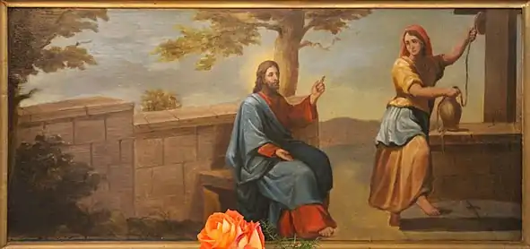 Scena Iisus Hristos și femeia samarineană la Fântâna lui David de pe iconostasul bisericii ortodoxe din Nădlac, unde ca personajul samaritenei este pictată Vioara Ruga