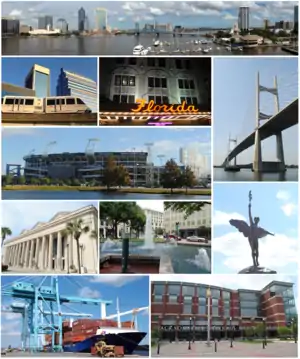 Imagini de sus, stânga la dreapta: Downtown Jacksonville, Jacksonville Landing, EverBank Field, Jacksonville Veterans Memorial Arena, Friendship Fountain cu Riverplace Tower în spate, Dames Point Bridge, Jacksonville Public Library (Florida), Hart Bridge, Prime F. Osborn III Convention Center