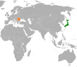 Map indicating locations of Japan and Romania