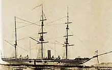Side view of a three-masted ship with a smokestack on a flat sea.
