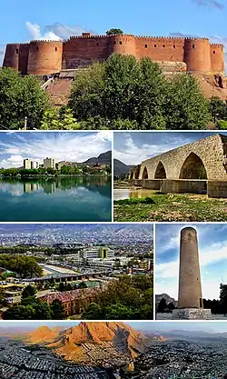 Montage of Khorramabad, Clockwise:Falak-ol-aflak castle, Kiu lake, Shapouri bridge, View of the Khorramabad city, Brick minaret, Panorama of the Khorramabad