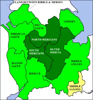În verde închis Mercia în secolul al VI-lea, în verde deschis extinderea din secolele al VII-lea și al IX-lea