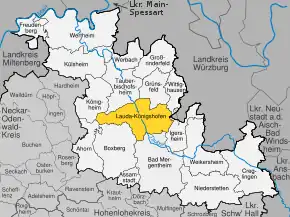 Poziția orașului Lauda-Königshofen pe harta districtului Main-Tauber-Kreis