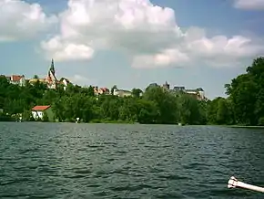 Leisnig seen from the river Mulde, Mildenstein Castle to the right