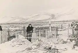 Lituanianca Onutė Milušauskaitė, arestată în 1945 pentru sprijinirea partizanilor lituanieni, la mormântul fiicei sale din Ust-Omciug, Regiunea Magadan.