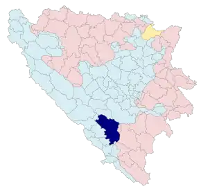 Orașul Mostar pe harta Bosniei și Herțegovinei