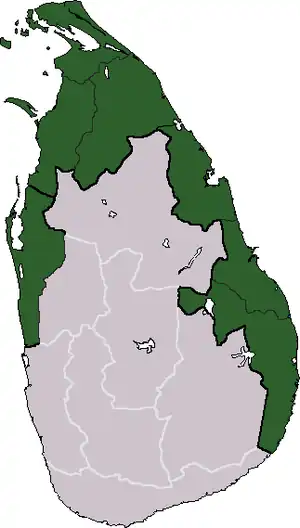 Tamil Eelam (verde) pe harta Sri Lankăi