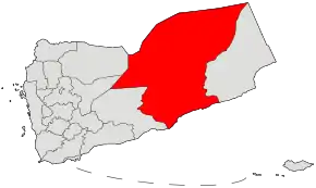 Harta guvernoratului Hadhramaut  în cadrul Yemenului