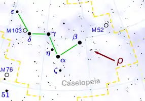 Steaua Rho Cassiopeiae în constelația Cassiopeia