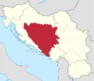 Republica Socialistă Bosnia și Herțegovina (roșu), în cadrul Republicii Socialiste Federative Iugoslavia