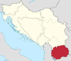 Republica Socialistă Macedonia (roșu), în cadrul Republicii Socialiste Federative Iugoslavia