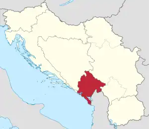 Republica Socialistă Muntenegru (roșu), în cadrul Republicii Socialiste Federative Iugoslavia