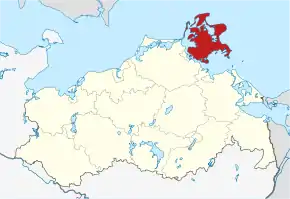 Poziția districtului Rügen în cadrul landului Mecklenburg - Pomerania Inferioară