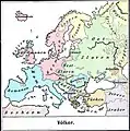 Sașii ca parte a popoarelor germanice din Europa în anul 1899 (doar cu o anumită parte a teritoriilor tradiționale locuite de aceștia în Transilvania pe această hartă, mai precis în sudul regiunii)