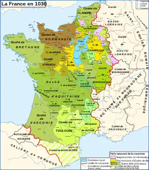 Harta Franței în 1030. Regatul Burgundiei este situat în sud-est