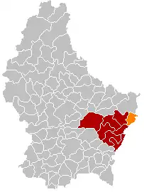 D'Gemeng Mäertert (orange) am Kanton Gréiwemaacher (rout)