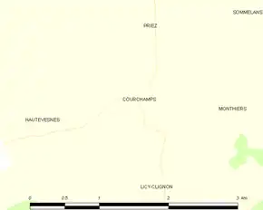Poziția localității Courchamps. Aisne