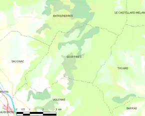 Poziția localității Sourribes