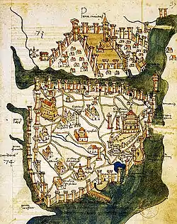 Hartă a Constantinopolului (1422) de cartograful florentin Cristoforo Buondelmonti⁠(d), care arată Pera la nord de Cornul de Aur, Constantinopol la sud și Turnul Fecioarei la dreapta, în mijlocul mării, lângă coasta Üsküdar pe partea asiatică a Bosforului.