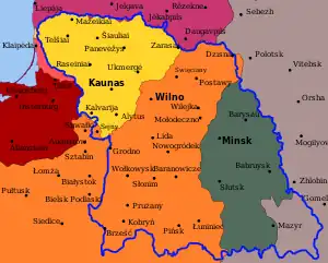 Harta frontierelor Litbel, așa cum fuseseră trasate în proiectul de stat, (linia albastră groasă), suprapuse pe frontierele de stat din 1920