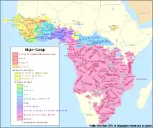 Această hartă reprezintă distribuirea limbilor nigero-congoleze (galben). Suprafața este împărțită în B (Bantu) și A (restul), ca să se evidențieze răspândirea subfamiliei de limbi Bantu.