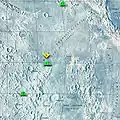 Hartă a Mării Liniștii, cu indicarea punctelor de aselenizare ale misiunilor Apollo 11, Apollo 16, Apollo 17 și Surveyor 5. La sud-est este Mare Fecunditatis, la nord-est Mare Crisium, la nord-vest Mare Serenitatis, iar la sud este Mare Nectaris.