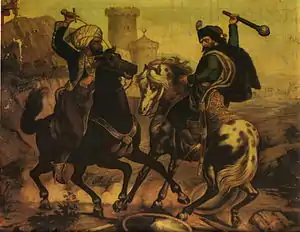 Doi bărbați călare, agitându-și armele în aer