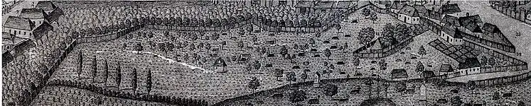 Cimitirul reformat pe gravura lui István Mikolai Tóth din 1822