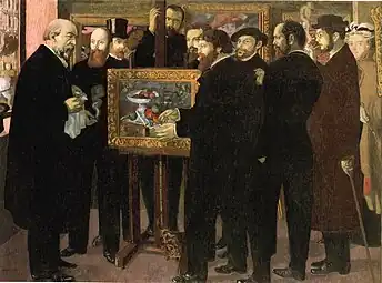 Omagiul lui Cézanne de Maurice Denis. Tânărul simbolist Maurice Denis a realizat acest tablou în care apăreau artişti admirând una dintre naturile moarte ale lui Cézanne. În fundal pot fi văzute lucrările lui Gauguin și Renoir.