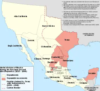A map of Mexico, showing state and territory divisions as of 1835.  Texas, Coahila, Nuevo León, Tamaulipas, Zacatecas and the Yucatán are shaded, marking them as having separatist movements.