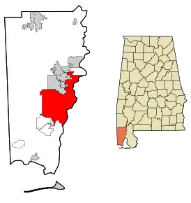 Plasarea orașului Mobile în comitatul Mobile, statul &nbsp;Alabama