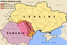 Moldova istorică astăzi: republica (roșu), părțile aparținând Ucrainei (portocaliu) și teritoriul statului român din Moldova Occidentală (trandafiriu).