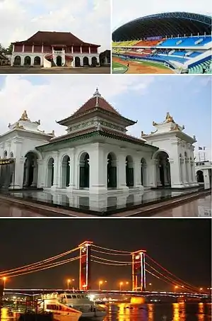 From top left, clockwise: Kemaro Island Pagoda, Benteng Kuto Besak, Gelora Sriwijaya Stadium, Grand Mosque of Palembang, Ampera Bridge.