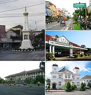 From top left, clockwise: Tugu Monument, Malioboro Street, Kraton Yogyakarta, Bank Indonesia Yogyakarta, Gadjah Mada University