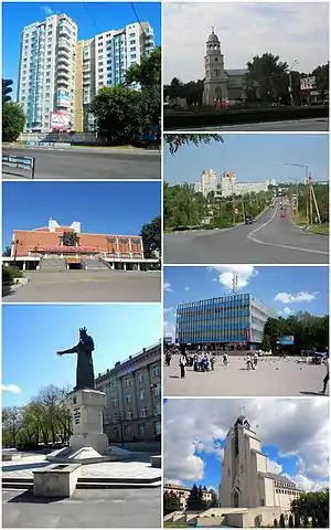 În sensul acelor de ceasornic: Catedrala "Sfântul Nicolae" • Vedere înspre str. Gagarin • Centrul comercial „Unic” • Biserica romano-catolică • Monumentul lui Ștefan cel Mare și Sfânt • Teatrul Național „Vasile Alecsandri” • Bloc locativ tipic