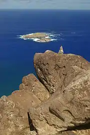 Petroglifă din bazalt de la Orongo. Un Makemake la bază și doiTangata Manu deasupra