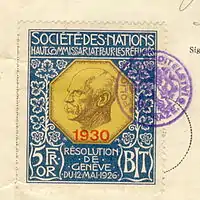 Timbru destinat reînnoirii pașapoartelor Nansen; Oficiul Internațional Nansen pentru Refugiați⁠(d), 1930
